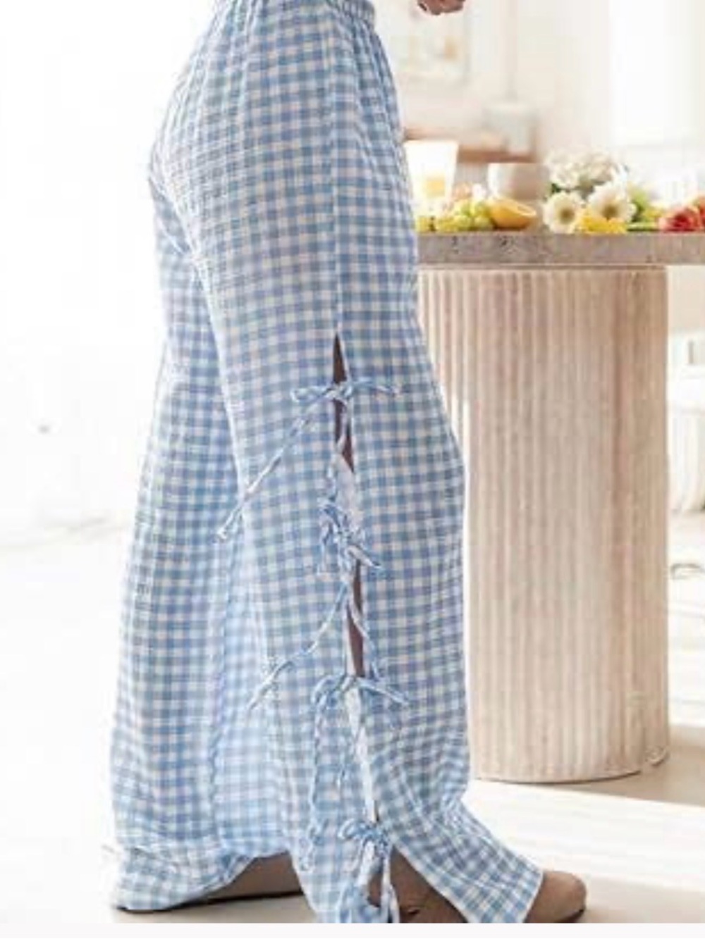Rosa Clothing Y2K Blue Gingham Bow Tie Side Slit Wide Leg Pants New Large
